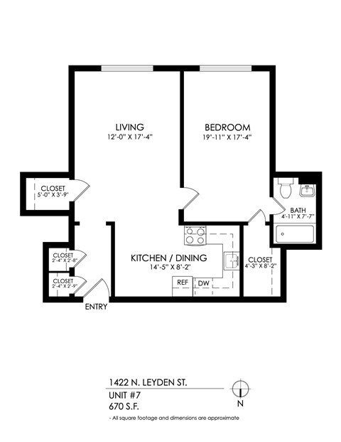 A black and white image of a floor plan for a home with a living room, bedroom, kitchen, and dining area.